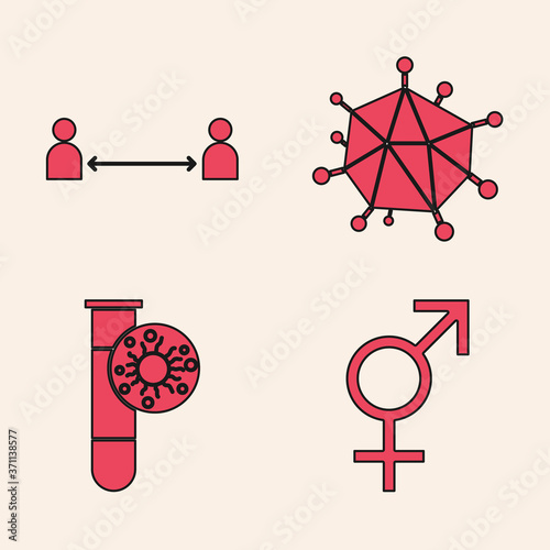 Set Gender, Safe distance, Virus and Test tube with virus icon. Vector.