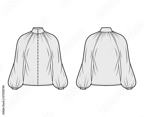Shirred high-cut neck blouse technical fashion illustration with long bishop raglan sleeve, front button-fastening. Flat apparel shirt template front, back, grey color. Women men unisex top CAD mockup