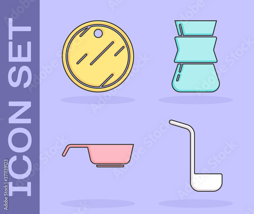 Set Kitchen ladle, Cutting board, Frying pan and Coffee turk icon. Vector.