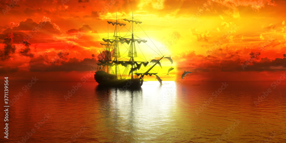 ship on the background of sunset and dolphins