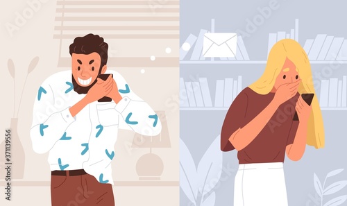 Young man send prank, joke, tricky message to woman by smartphone. April 1, fools day. Surprised, shocked girl got a strange email. Friends online communication. People chatting in social networks
