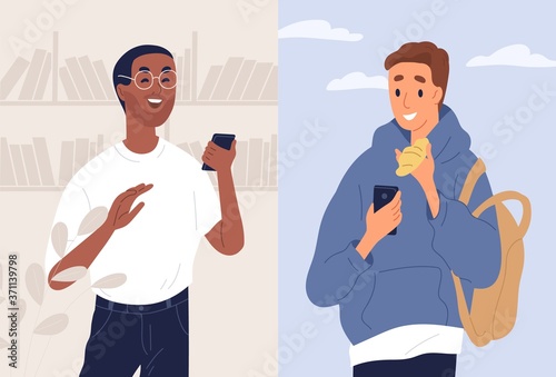 Young people, friends chatting by messenger. Teenager reading, receiving funny message, joke, trick, prank by smartphone on april fools day. Multiracial friendship. Flat vector cartoon illustration