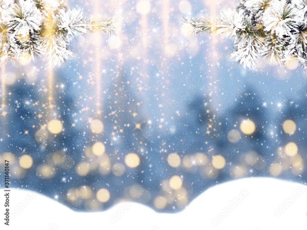winter christmas background with snow and fir branches frame