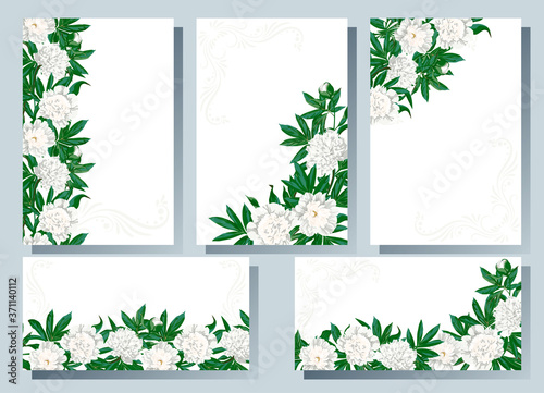 Set of templates for cards, flyers, invitation with flowers white peony.