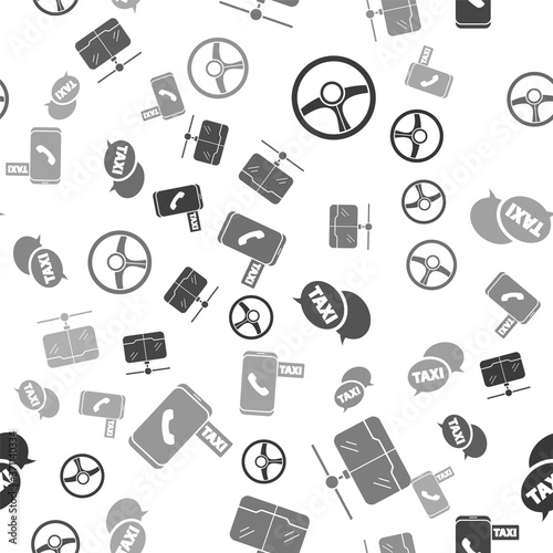 Set Steering wheel, Cable car, Taxi call telephone service and Taxi call telephone service on seamless pattern. Vector.