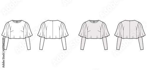 Cropped top technical fashion illustration with flare elbow circle and long sleeve, oversized, back concealed zip. Flat apparel shirt template front, back white grey color. Women men unisex blouse CAD