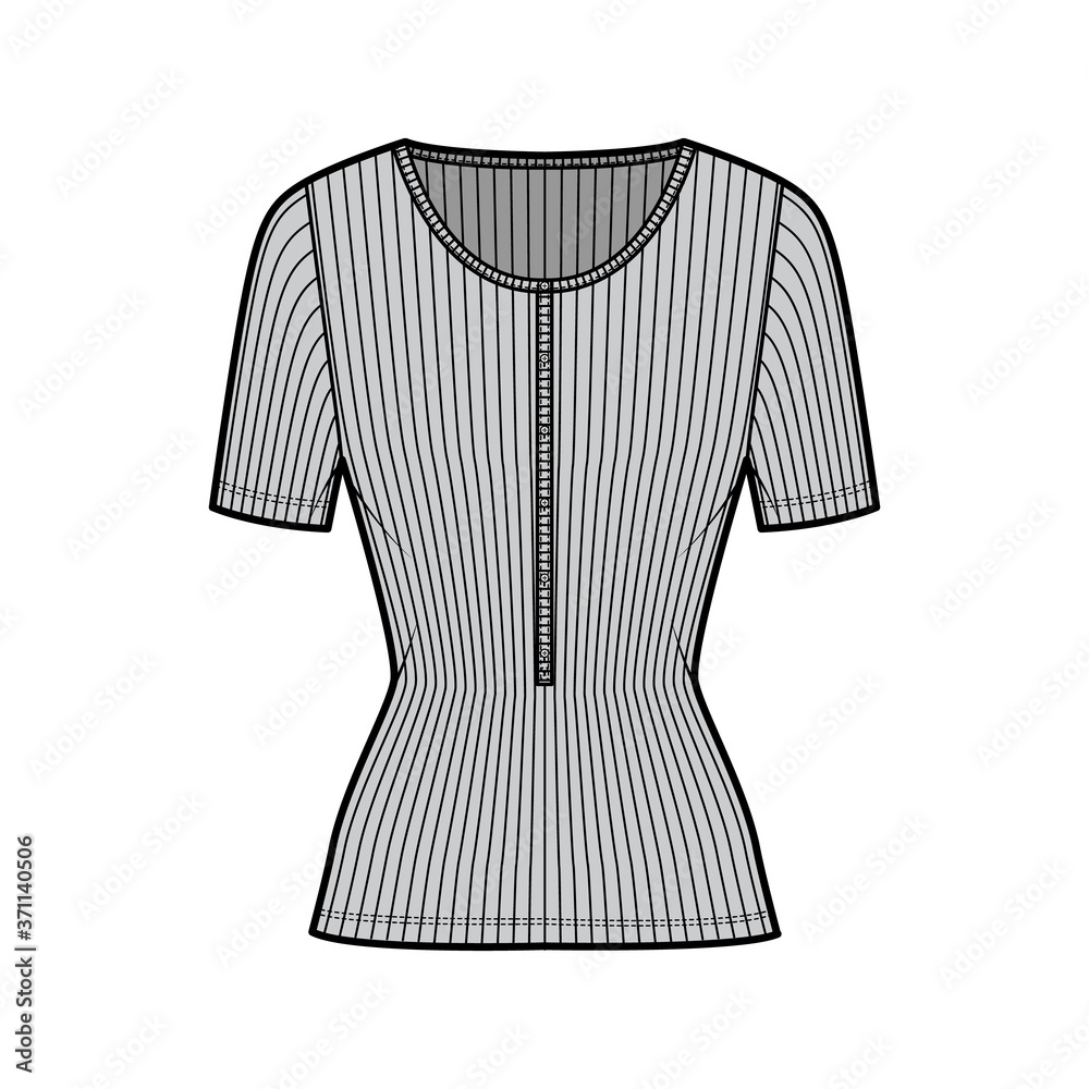 Ribbed cotton-jersey top technical fashion illustration with short sleeves, slim fit, scoop henley neckline. Flat outwear shirt apparel template front, grey color. Women men unisex knit CAD mockup Ribbed cotton-jersey top technical fashion illustration with short sleeves, slim fit, scoop henley neckline. Flat outwear shirt apparel template front, grey color. Women men unisex knit CAD mockup