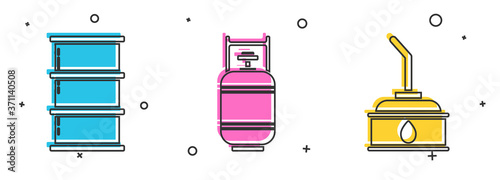 Set Barrel oil, Propane gas tank and Canister for motor machine oil icon. Vector.