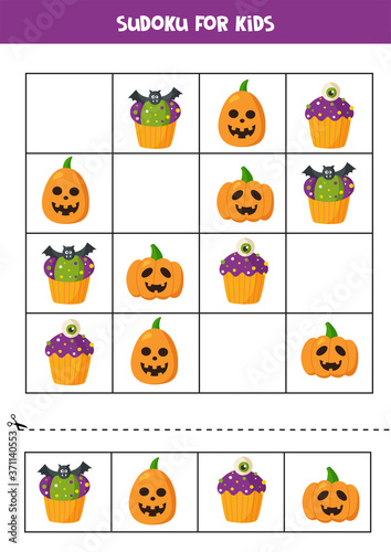 Sudoku logical game with Halloween cupcakes and pumpkins.