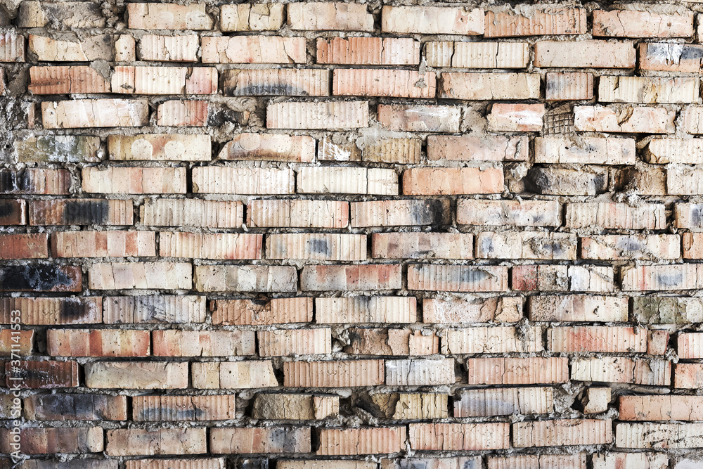 Abstract background old white brick wall with cracks and scratches. Landscape style. Great background or texture.