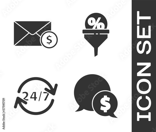 Set Speech bubble with dollar, Envelope with coin dollar, Clock 24 hours and Lead management icon. Vector.