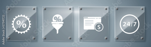 Set Clock 24 hours, Online shopping on screen, Lead management and Discount percent tag. Square glass panels. Vector.