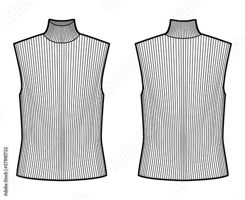 Turtleneck rib sweater technical fashion illustration with oversized body, sleeveless jumper. Flat shirt apparel template front, back, white color. Women, men unisex top CAD mockup