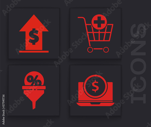 Set Laptop with dollar, Financial growth and coin, Add to Shopping cart and Lead management icon. Vector.