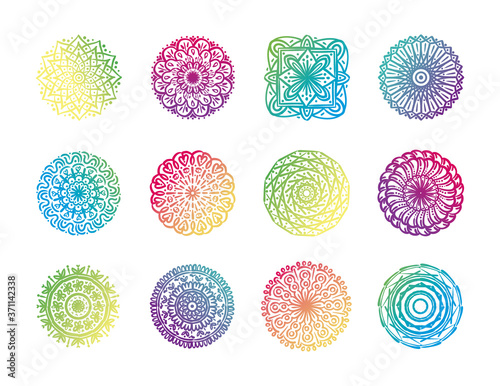 bundle of twelve colorfull mandalas set icons