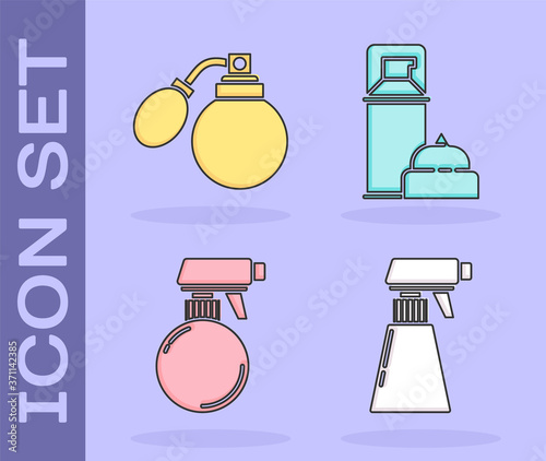 Set Hairdresser pistol spray bottle, Aftershave bottle with atomizer, Hairdresser pistol spray bottle and Shaving gel foam icon. Vector.