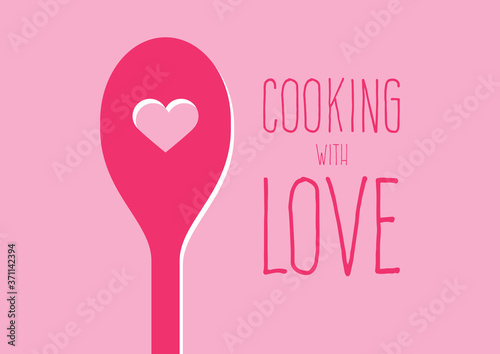 Cooking with Love pink inscription vector. Cooking with Love lettering design for kitchen vector. Wooden spoon with heart icon isolated on a pink background
