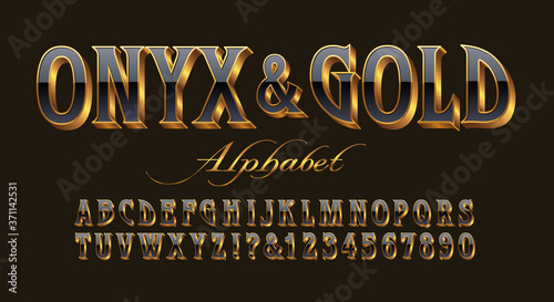 An Elegant and Ornate Luxury Alphabet with the Appearance of Black Onyx Stone Set in Gold 3d Letters. Classy and Expensive Looking, This Font Evokes Jewelry, Watches, and Refined Luxury Products.
