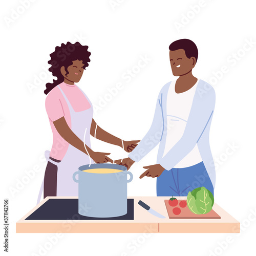 couple of people preparing soup on white background