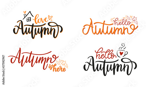 Hello Autumn, love handwritten lettering phrases set. Brushpen vector calligraphy isolated on white background. Seasonal design for sticker, card, poster, web banner or social media.