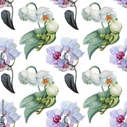 Seamless pattern with watercolor white, pink, yeollow orchid flower. Creative nature realistic background for card, wallpaper, textile, wrapping, florist, celebration, wedding photo