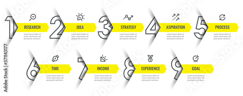 Vector Infographic design template with icons and 9 options or steps. Can be used for process diagram, presentations, workflow layout, banner, flow chart, info graph.