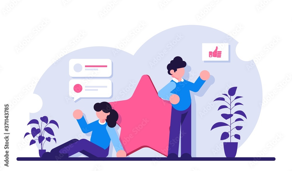 People leave feedback and comments with a score of five being the highest. Evaluation of a product or service. A person shares his opinion. Modern flat illustration.