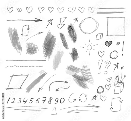 Vector set of hand drawn elements isolated on white background, gray simple pencil drawings, shaded and hatched shapes.