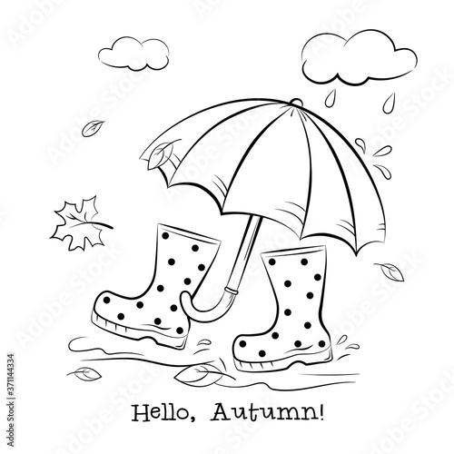 Rubber boots under an umbrella. Contour illustration coloring, in cartoon style. Vector isolated on a white background.