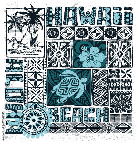 Fotografie, Obraz Hawaiian vintage style tribal tapa fabric vector print for t shirt summer wear