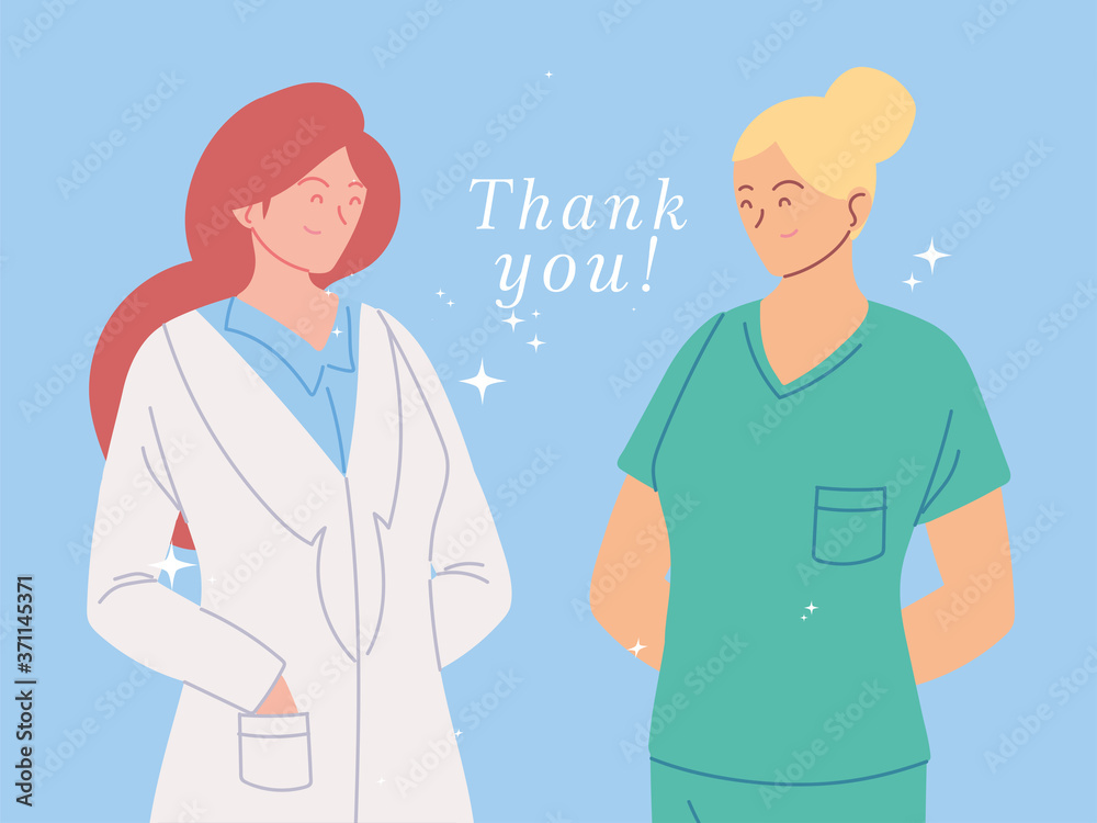 women doctors with uniforms and thank you text vector design women doctors with uniforms and thank you text vector design