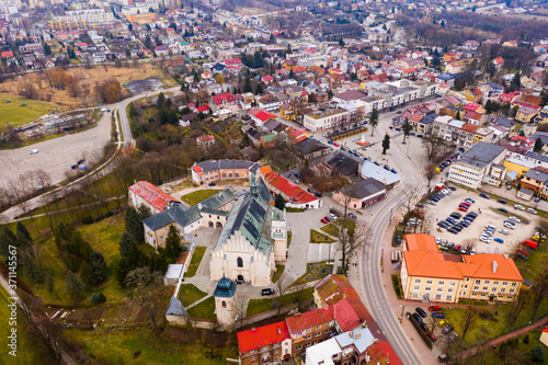 Aerial view of Krasnik town historical center with Cathedral and buildings  Poland