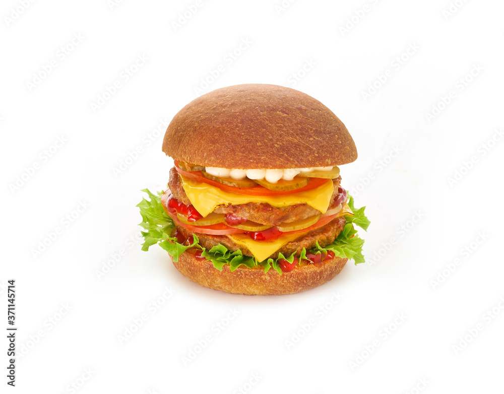 Double burger with lettuce, tomato, onion, and melted cheese on white background Double burger with lettuce, tomato, onion, and melted cheese on white background