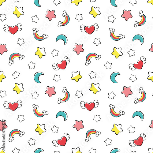 Baby seamless pattern with rainbow, moon and stars on white background