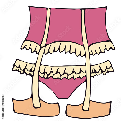 set of female sexy underwear - lace underpants with a belt for stockings, pink vector elements in doodle style with a black outline