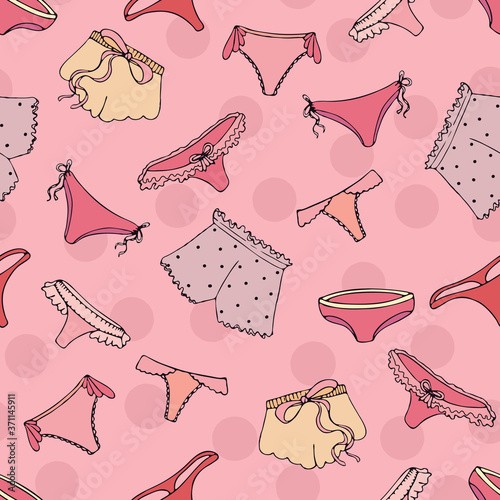 sexy underwear - underpants, thongs, shorts for women in doodle style, vector seamless pattern on a light pink background