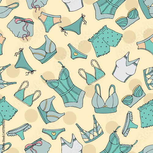 sexy underwear for women in doodle style, vector seamless pattern on a yellow background