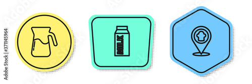 Set line Jug glass with water, Paper package for milk and Chef hat location. Colored shapes. Vector.