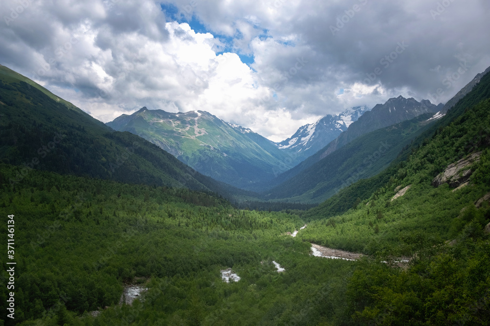 Green river valley canyon wide summer panorama North Caucasus