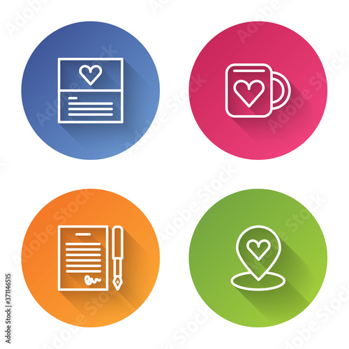 Set line Greeting card, Coffee cup and heart, Marriage contract and Location with. Color circle button. Vector.