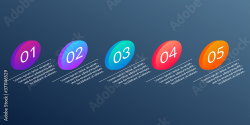 5 steps, option or levels info graphic design with five 3d or isometric circles and business icons. Modern elements for presentation, workflow layout, timeline infographics. Vector illustration.