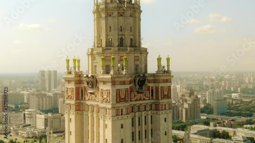 Aerial view of the Moscow University building details, the historic Soviet era landmark, Russia