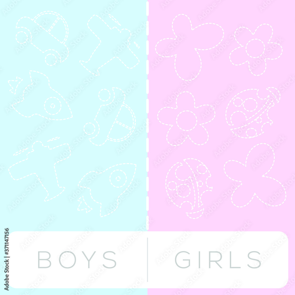 boys and girl white lined toy background with blue and pink color vector