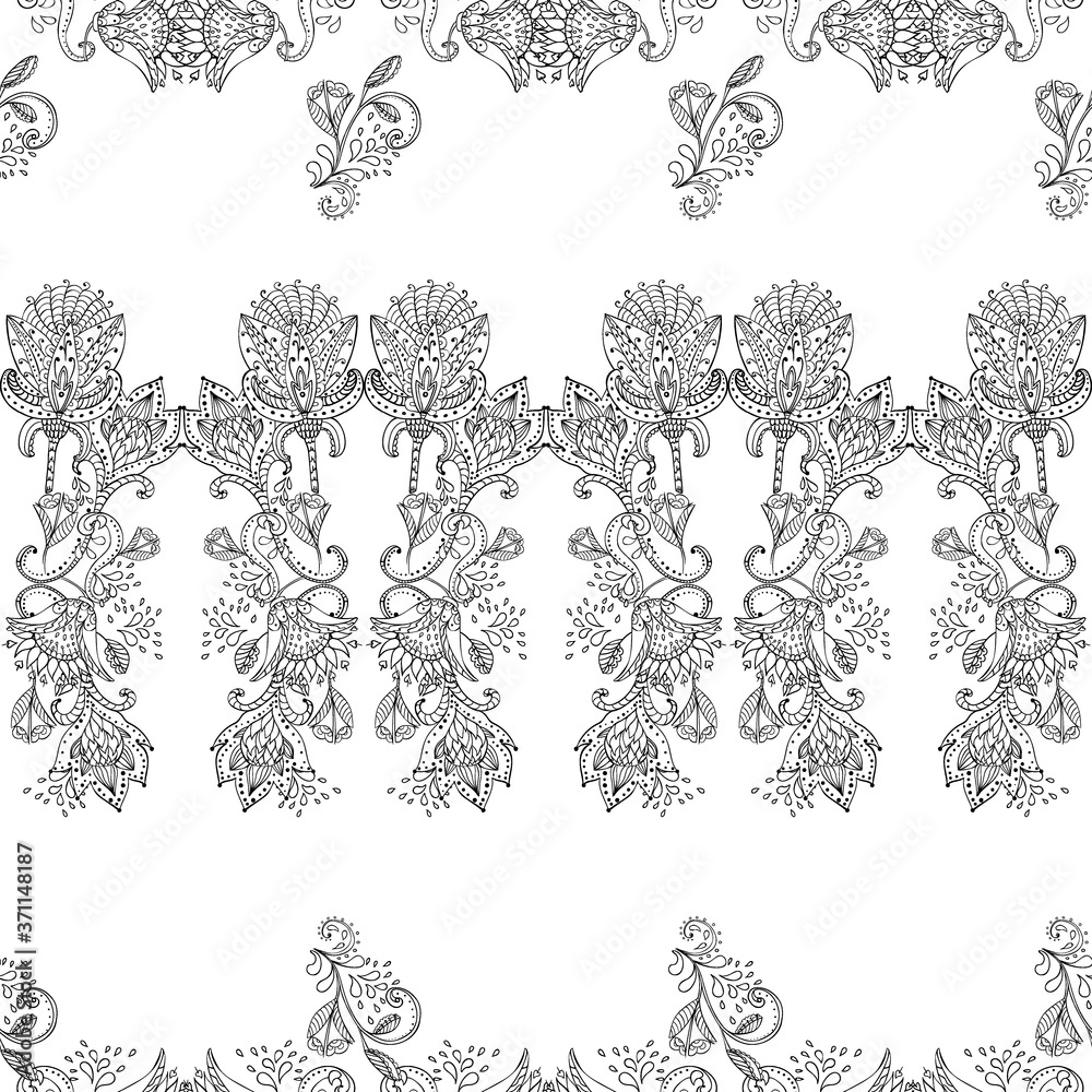 Stylish white vintage floral kalamkari ornament pattern on black background. Vector surface design for fabric, apparel textile, book, interior, wallpaper, phone case. Monochrome