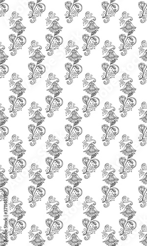 Stylish white  floral kalamkari ornament pattern on black background. Vector surface design for fabric  apparel textile  book  interior  wallpaper