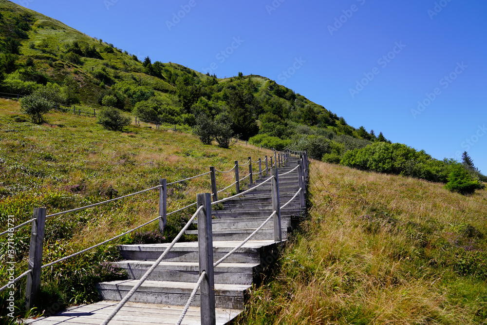 Stairs wooden pathway of the Puy de Dôme volcano mountain in center france
