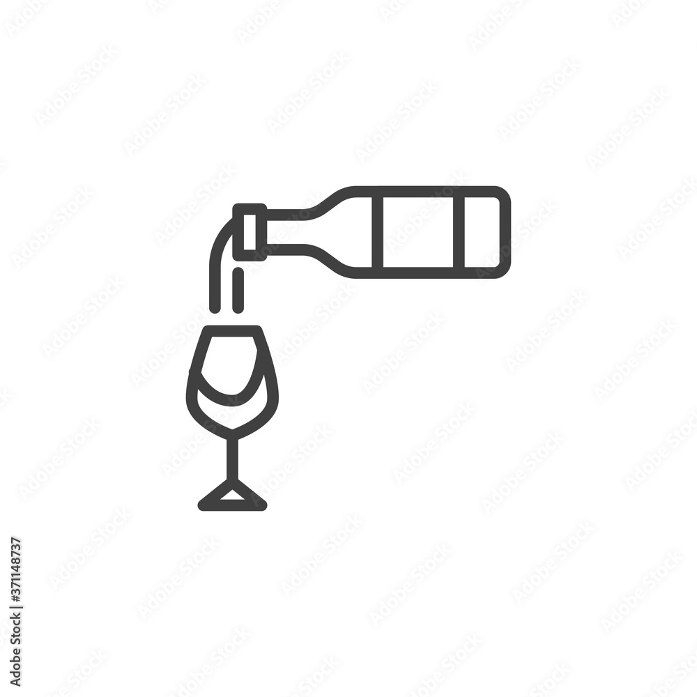 Wine pouring from bottle in glass line icon. linear style sign for mobile concept and web design. Glass and bottle of wine outline vector icon. Symbol, logo illustration. Vector graphics Wine pouring from bottle in glass line icon. linear style sign for mobile concept and web design. Glass and bottle of wine outline vector icon. Symbol, logo illustration. Vector graphics