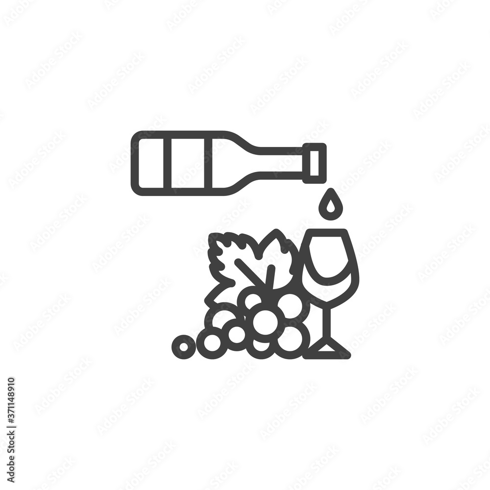 Wine bottle with glass and grapes line icon. linear style sign for mobile concept and web design. Wine production outline vector icon. Symbol, logo illustration. Vector graphics Wine bottle with glass and grapes line icon. linear style sign for mobile concept and web design. Wine production outline vector icon. Symbol, logo illustration. Vector graphics