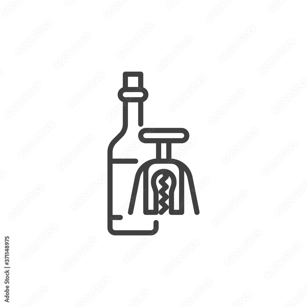 Wine bottle and corkscrew line icon. linear style sign for mobile concept and web design. Bottle opener outline vector icon. Symbol, logo illustration. Vector graphics Wine bottle and corkscrew line icon. linear style sign for mobile concept and web design. Bottle opener outline vector icon. Symbol, logo illustration. Vector graphics