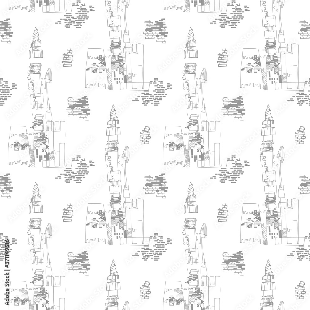 Black and white fairy tale castles seamless pattern